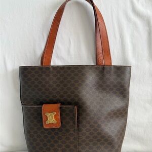 Celine Brown Patterned Macadam Tote with Brown Cognac leather trim.